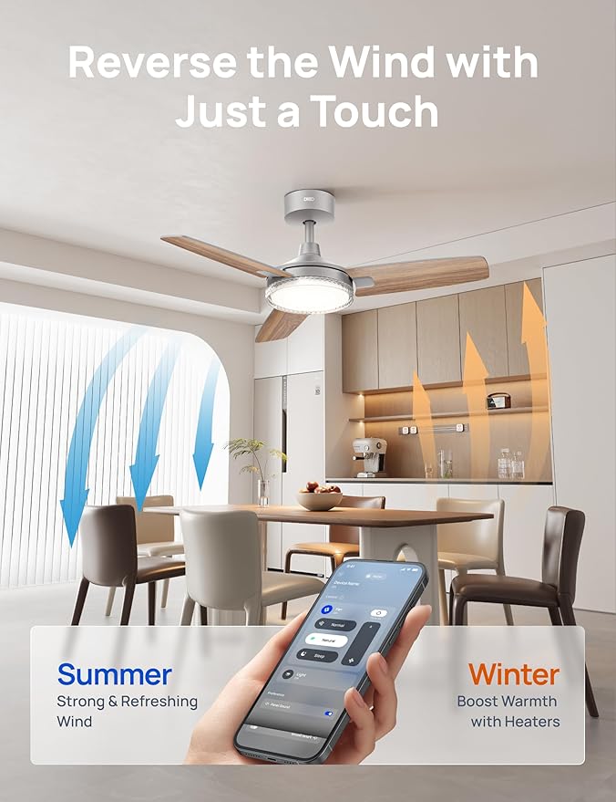 Dreo Smart Ceiling Fans with Lights, 42 Inch Grey Ceiling Fan, 12 Speeds & 3 Fan Modes, Stepless Color Tones, Dimmable LED Light, 1-12H Timer, Quiet DC Motor, Remote/APP/Alexa/Wall Switch Control
