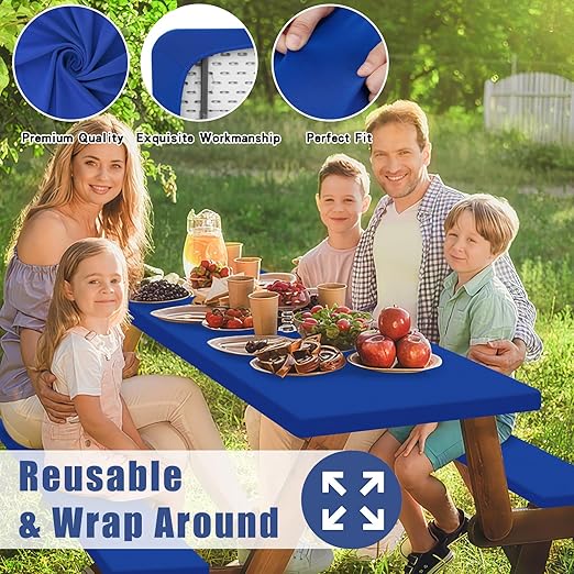 Picnic Table Cover with Bench Covers, Elastic Fitted Spandex Tablecloths for 6 Foot Rectangle Tables, Stretch Washable Patio Tablecloth for Outdoor, Camping (Blue, 30"x72")