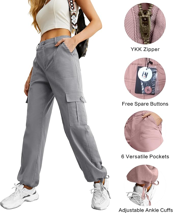Lepunuo Women's High Waisted Cargo Pants Travel Y2K Streetwear Baggy Stretchy Pants with 6 Pockets Drawstring Ankle Cuffs