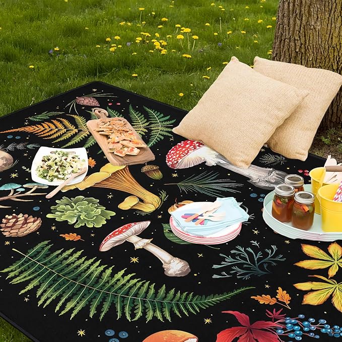 Mushroom Picnic Blankets Waterproof Foldable, 80″X80″Thick Three Layer Picnic Mat Outdoor Blanket for Grass, Large Beach Blanket Sandproof Picnic Accessories for Camping Party Park Patio