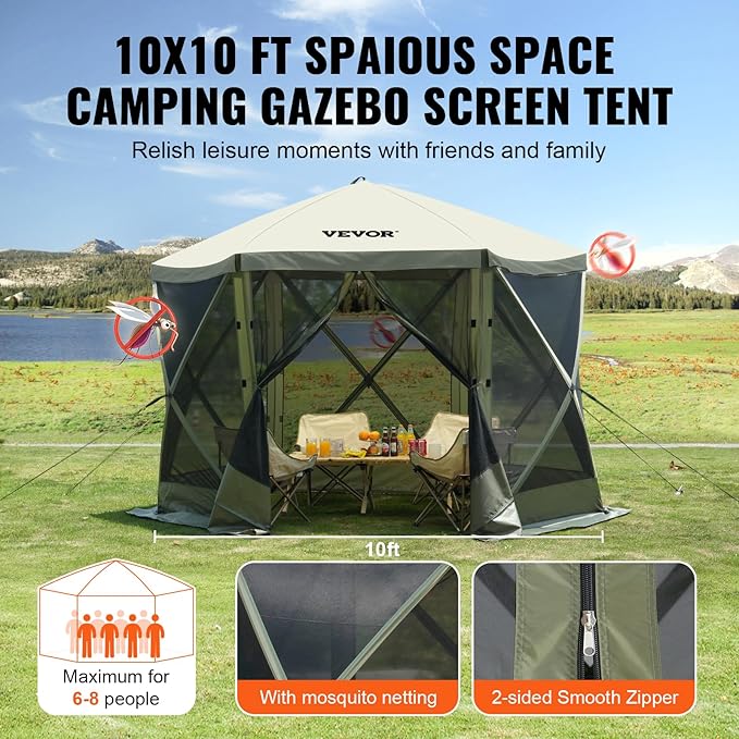 VEVOR Pop Up Gazebo Screen Tent 6 Sided Canopy Sun Shelter with 6 Removable Privacy Wind Cloths & Mesh Windows, 10x10FT Quick Set Screen Tent with Mosquito Netting, Army Green