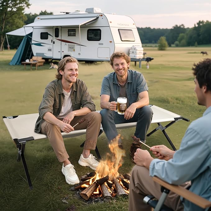 WLIVE Military Camping Cot, Portable Folding Cots for Sleeping with Carry Bag, Outdoor Camping Bed for Adults with Side Pocket, Support 300 Lbs, Silver Greige