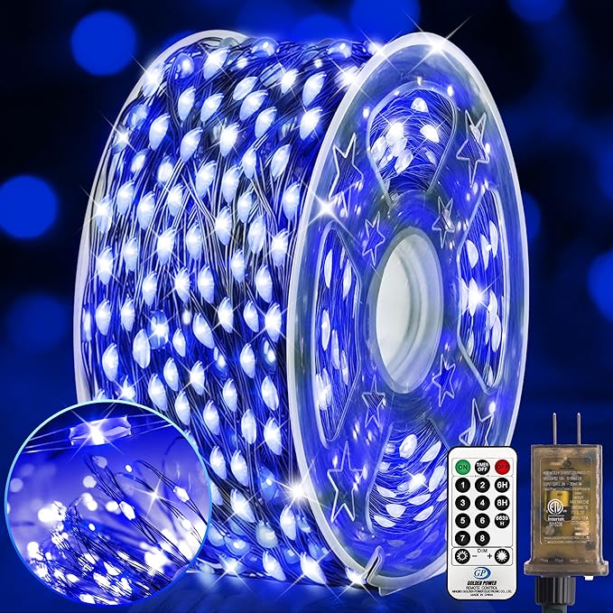 KNONEW 203FT 600 LED Outdoor Fairy Lights Plug in, Christmas Fairy Lights Outdoor Waterproof 8 Modes Memory Times for Wedding Bedroom Walls Garden Trees Decoration(Blue)
