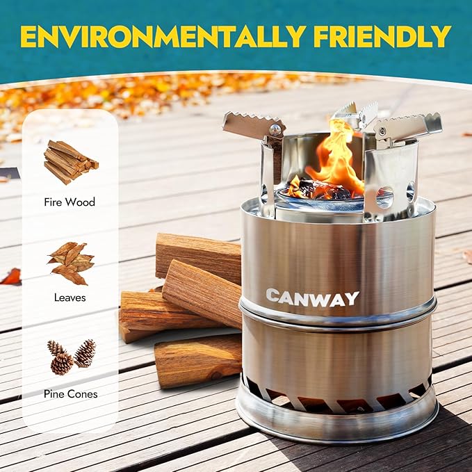 CANWAY Camping Stove, Wood Stove/Backpacking Survival Stove, Windproof Anti-Slip Portable Stainless Steel Wood Burning Stove with Nylon Carry Bag for Outdoor Backpacking Hiking Traveling Picnic BBQ