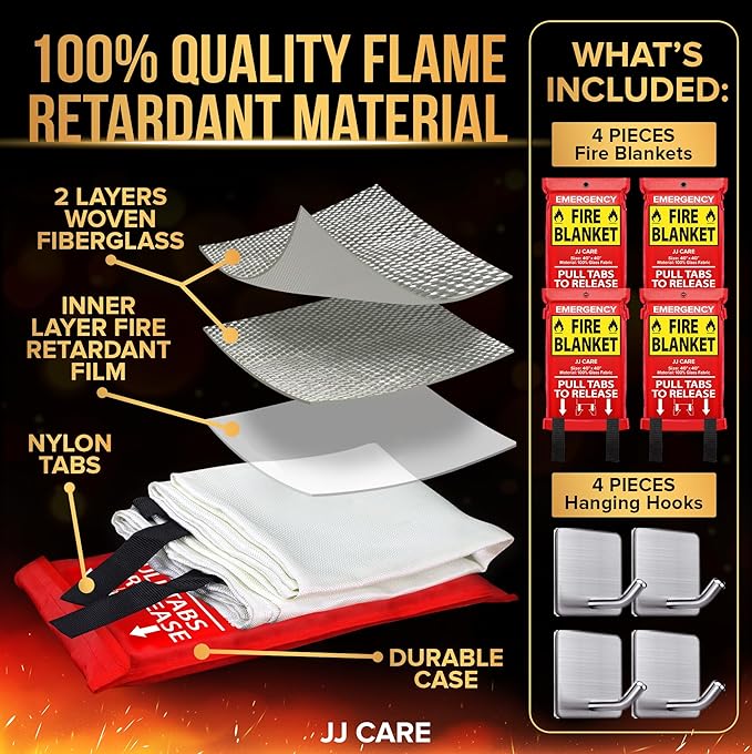 JJ CARE Fire Blanket – 4 Packs with Hooks – Emergency Fire Blanket for Home & Kitchen, High Heat Resistant Fire Suppression Blankets for Home Safety, Kitchen, and Camping