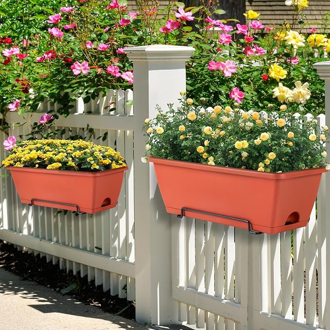 HAITRAL 16.9 Inch Deck Railing Planter Boxes for Plants, Rectangular Hanging Window Boxes Planters with Metal Flower Pots Brackets - 6 Pack Railing Planter Box for Balcony Fences Garden, Red
