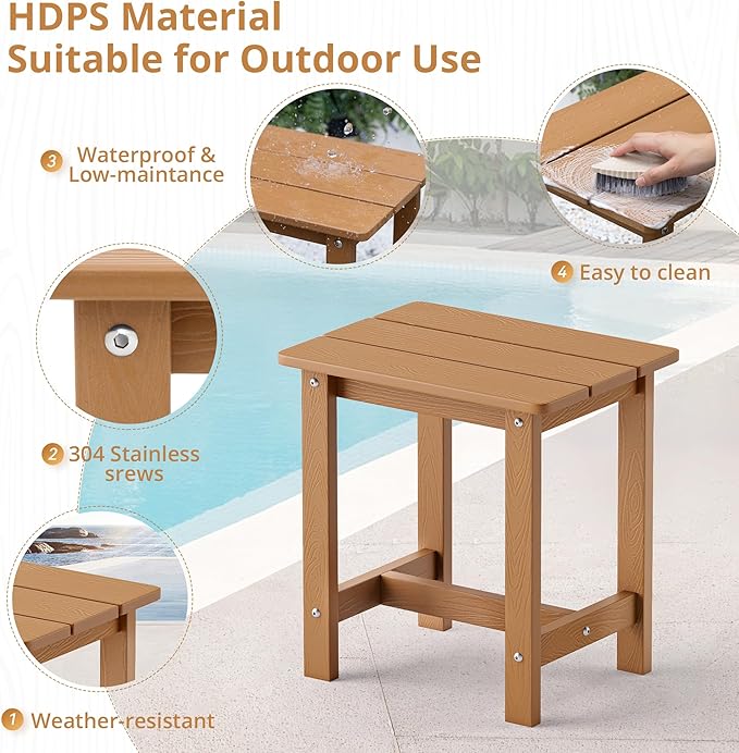 LUE BONA Outdoor Side Table Set of 2, HDPS Small Outdoor Table, Adirondack Side Table, Outside End Table for Patio, Porch, Deck, Weather Resistant/Easy Maintenance/Indoor or Outdoor Use, Teak Color