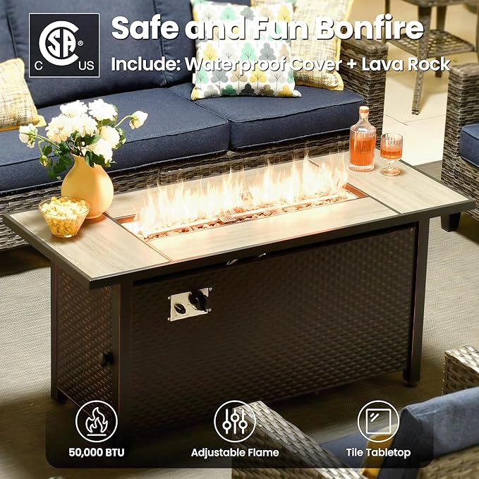 ovios 6 Pieces Patio Furniture Set with 54" Fire Pit Table, Outdoor Wicker Sofa with Comfy Cushions, All Weather High Back Rattan Couch Conversation Set, Denim Blue