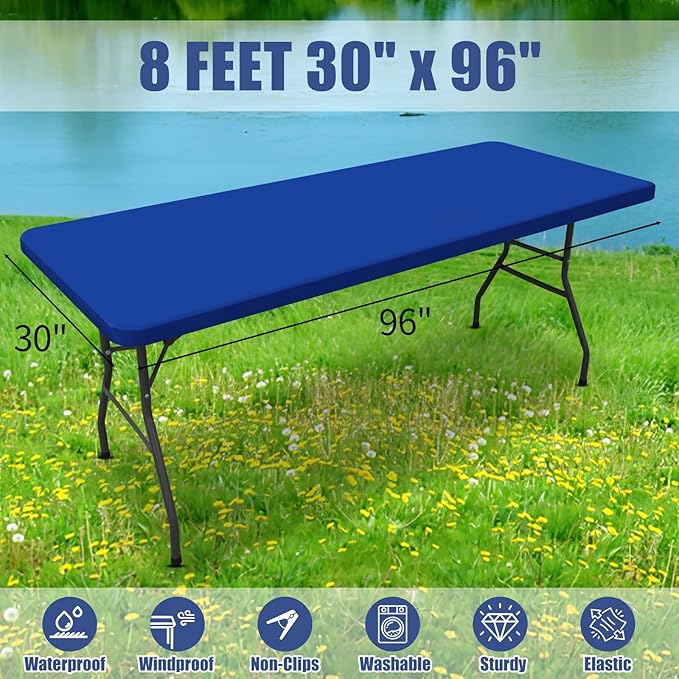 Spandex Picnic Table Cloth 2 Pack, Elastic Fitted Tablecloths for 8 Foot Rectangle Tables, Stretch Washable Patio Table Cover for Outdoor, Camping, Banquet and Parties (Blue, 30"x96")