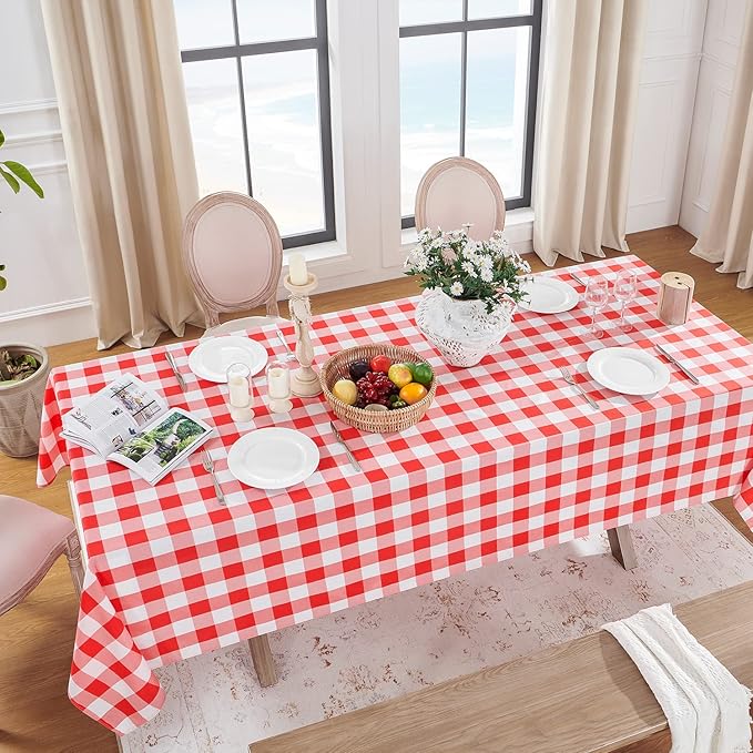 Softalker Gingham Checkered Rectangle Tablecloth - Waterproof Buffalo Plaid Table Cloth Stain Resistant Washable Table Cover for Picnic/Camping/Outdoor - Red and White, 60 x 102 Inch