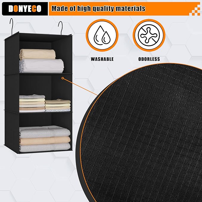 Hanging Closet Organizer - 3-Shelf, Easy Mount Foldable Wardrobe Storage Shelves for Clothes, Handbags, Shoes & Accessories - Washable Oxford Cloth Fabric, Black