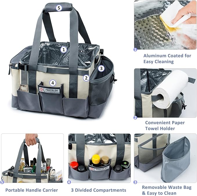 Large Grill Caddy - BBQ/Tailgating Accessories, Insulated Condiment Holder - Camping, Picnic, BBQ, Tailgating, Family Gathering - Ivory-Grey, 1 Gallon, 16"W x 11"D x 11.5"H