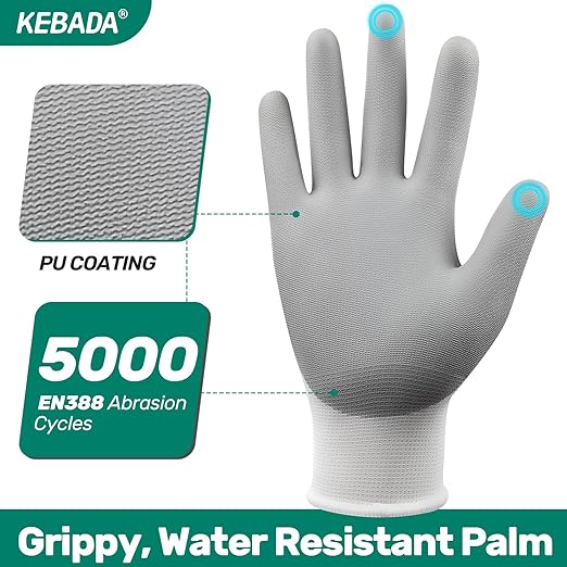 Kebada W1 Work Gloves for Men and Women, 12 Pairs Touchscreen Safety Gloves with Grip, PU-Coated, Ideal for Light & Medium Duty Tasks, White, Large