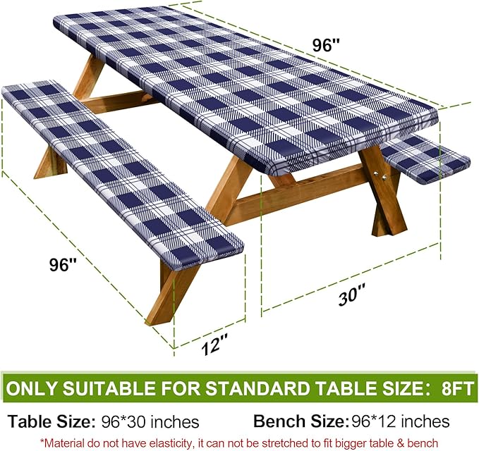 Picnic Table Cover with Bench Covers Camping Essentials Waterproof Windproof Camping Tablecloth with Drawstring Bag, Fitted Rectangle Tables and Seats, 96in, Blue Checkered