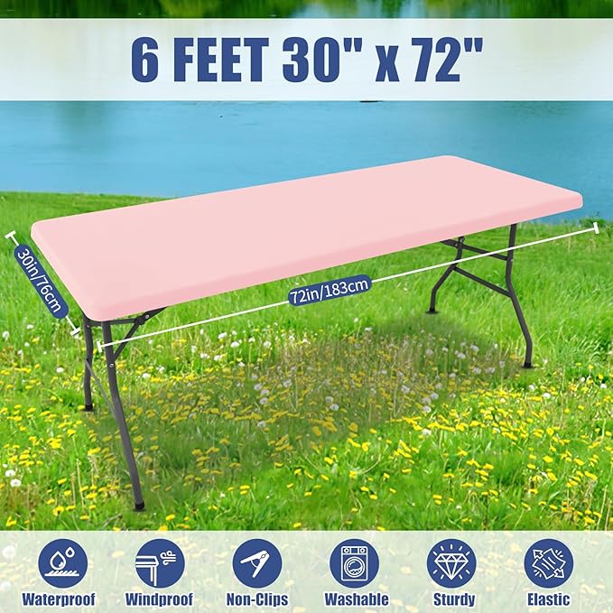 Spandex Picnic Table Cloth 2 Pack, Elastic Fitted Tablecloths for 6 Foot Rectangle Tables, Stretch Washable Patio Table Cover for Outdoor, Camping, Banquet and Parties (Pink, 30"x72")