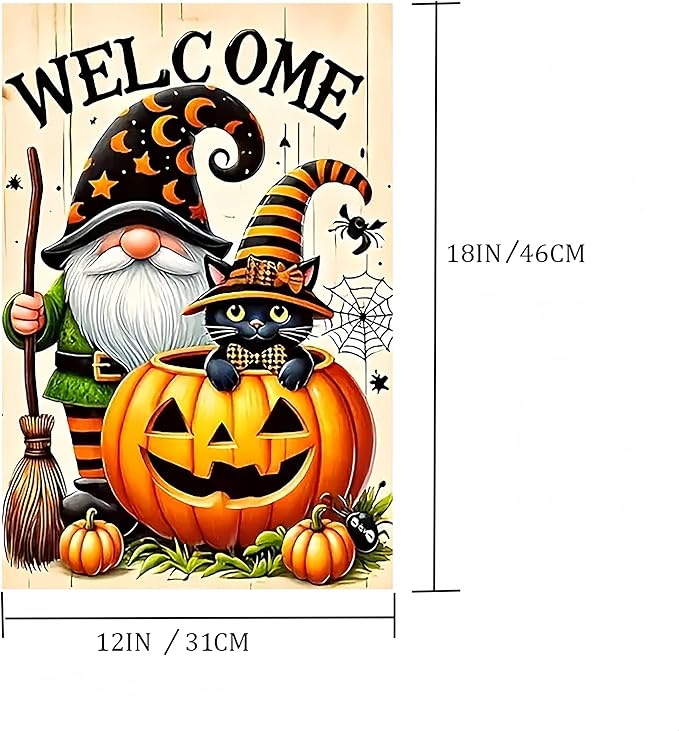 Halloween Garden Flag for Outside 12x18 Inch Double Sided, Gnome Pumpkin Small Yard Flags for Outside, Outdoor Welcome Flag Front Porch Decorations for Home