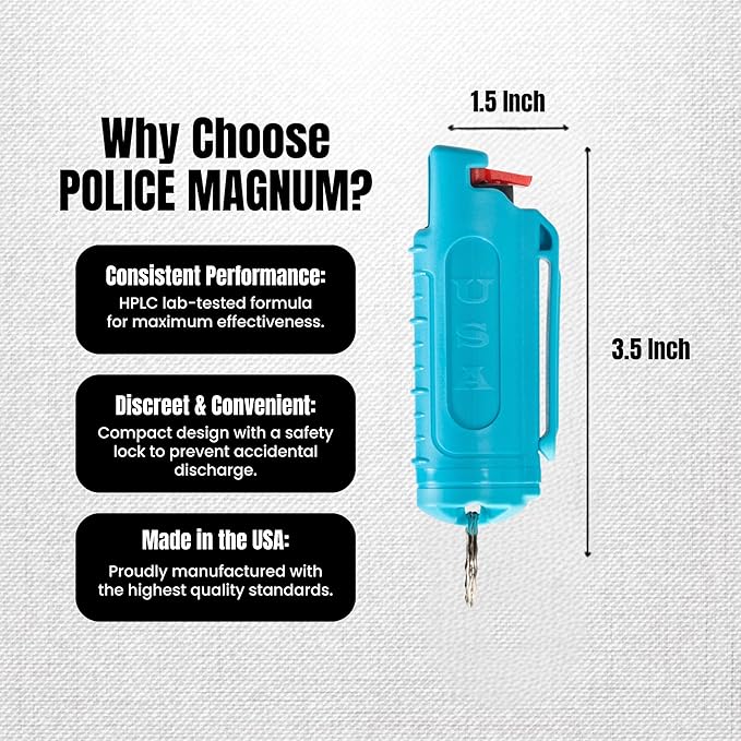 Police Magnum Keychain Pepper Spray Self Defense Belt Clip Holder - 3 Pack Tactical Maximum Strength OC with Dye - Small Safety Key Chains for Women & Men - Made in The USA