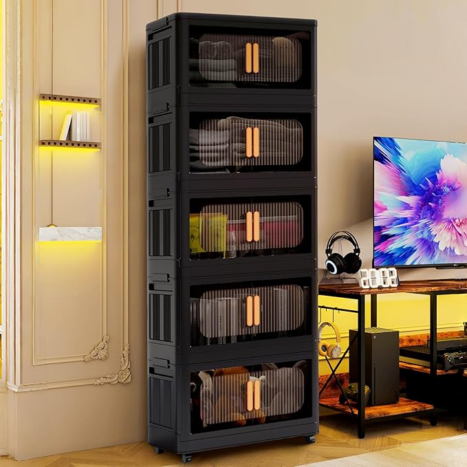 Holaki 320 QT Collapsible Closet Organizers with Lid, Stackable Plastic Storage Bins Cabinet with Wheels and Magnetic Door 5 Pack(Black Larger)