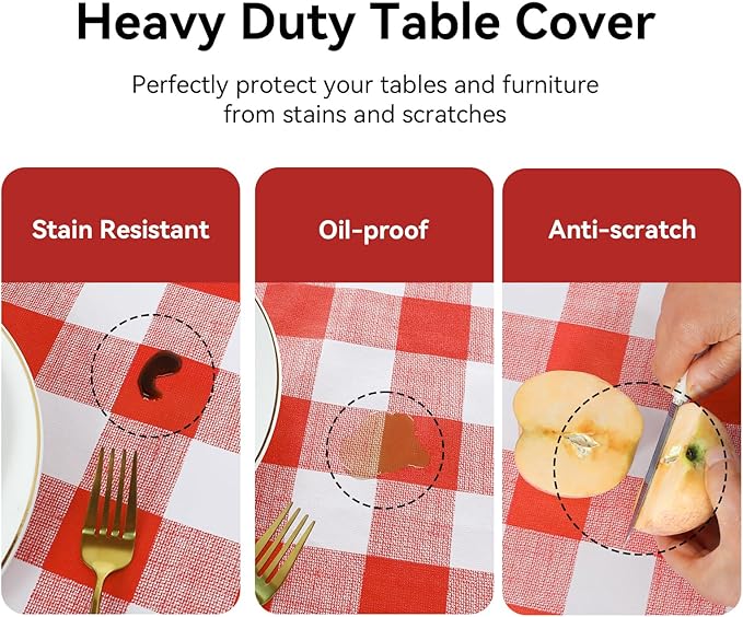 Romanstile Square Plastic Tablecloth, 100% Waterproof Oil-Proof Checkered PVC Table Cloth, Heavy Duty Vinyl Table Cover for Dining, Camping, Picnic, Outdoor - 54 x 54 Inch, Red and White
