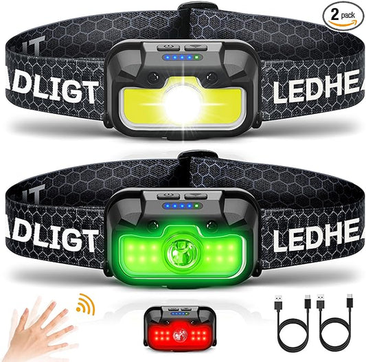 Headlamp Rechargeable 2 Pack, 1300 Lumen Ultra-Bright Head Lamp with Red Light, Waterproof Motion Sensor Head Lights for Forehead with White Green, 14 Modes Adjustable Headlight for Camping