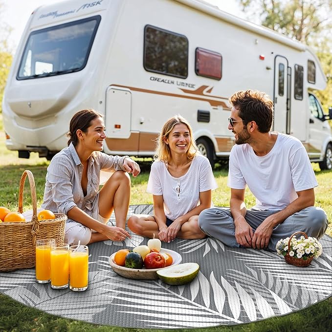 GENIMO Outdoor Rug 10' Round Waterproof for Patios Clearance, Reversible Outdoor Plastic Straw Camping Rug Carpet, Large Area Rugs Mats for RV, Camper, Deck, Balcony, Porch, Beach, Picnic, Grey&White