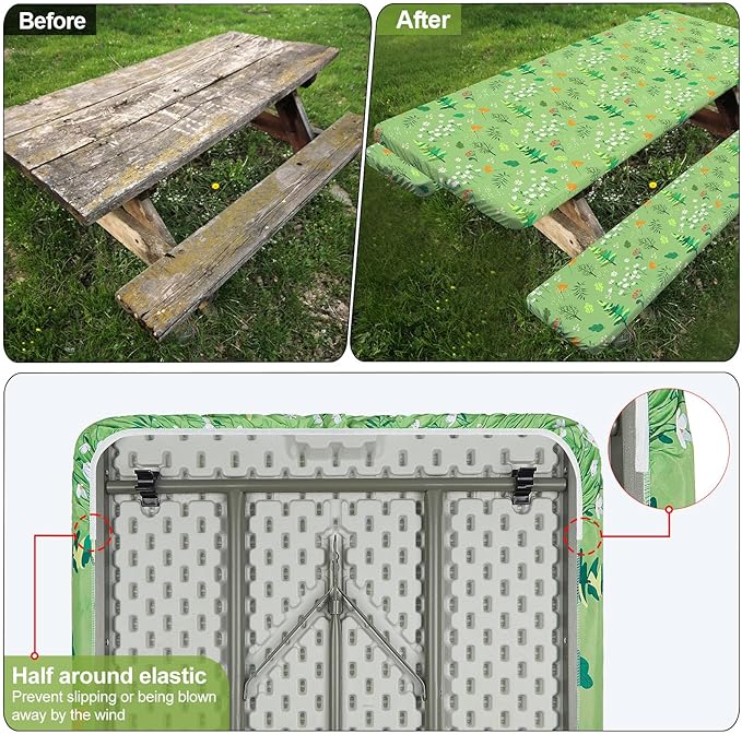 Picnic Table Cover with Bench Covers Camping Essentials Waterproof Windproof Camping Tablecloth with Drawstring Bag, Fitted Rectangle Tables and Seats, 72in, Grass Green