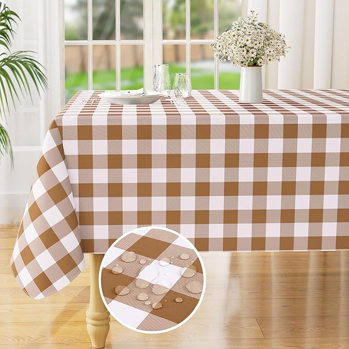 misaya Rectangle Waterproof Vinyl Table Cloth, Buffalo Flannel Backed Tablecloth, Wipeable Plastic Table Cover for Dinner, Kitchen, Outdoor (54" x 78", Brown and White)
