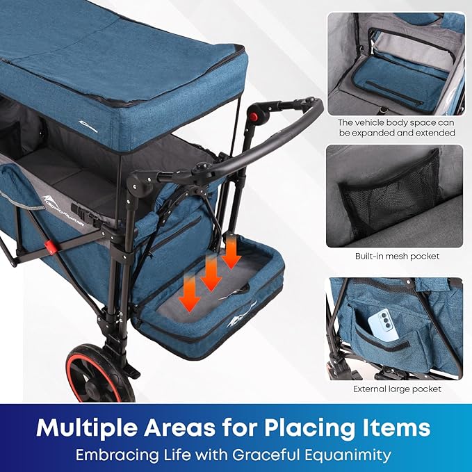 Collapsible Canopy Wagon, Foldable Wagon Stroller with 330LBS, Heavy Duty Cart with Shock-Absorbing Wheels, Adjustable Push Pulling Handles for Camping, Garden, Sports, Shopping, Blue