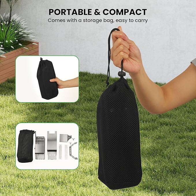 GEEKHOM Rocket Stove Portable Camping Stove - Mini Stainless Steel Folding Wood Burning Stove w/Storage Bag & Gloves | Efficient for Camp, Picnic, Hunting, Fishing, BBQ