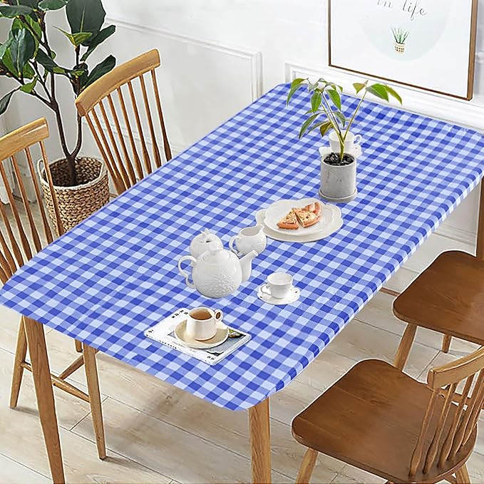 Fitable Checkered Picnic Table Cover Waterproof Vinyl Fitted Table Cover Flannel Backing Outdoor Indoor Tablecloth 30"x72" for Picnic, Travel, Holiday, Party, Folding Table, Blue