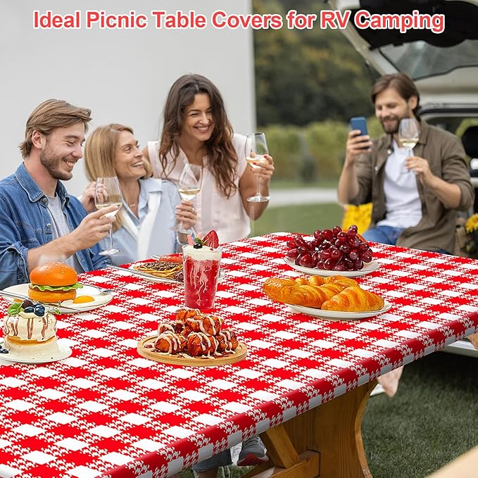 Picnic Table Cover with Bench Covers Portable Table Cloth Built-in Storage Pocket Picnic Table Covers with Elastic Waterproof Camping Essentials for RV Camping