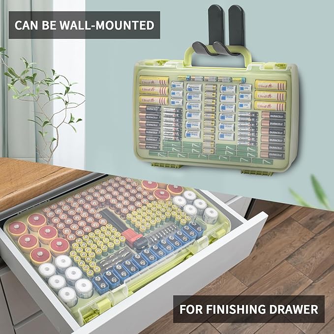 Battery Organizer Storage Holder Box Case with Tester- 269 Batteries Double-Sided Variety Pack, Holds AA AAA 4A C D Cell 9V 3V Lithium LR44 CR2 CR123 CR1632 18650 Button- Green (Box Only)