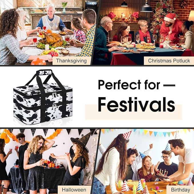 Double Insulated Casserole Carrier, Portable Casserole Carrier for Hot or Cold Food Lunch Tote Warmer or Cooler Bag, Lasagna Lunch Bag for Potluck Parties- Fits 9" x 13" Baking Dish-Cow Pattern