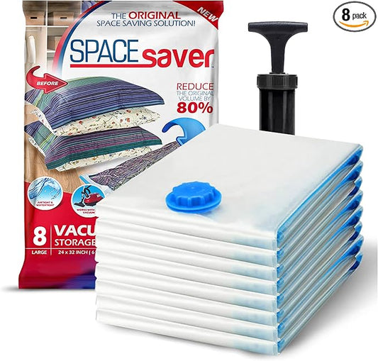 8 Pack Large Vacuum Storage Bags for Comforters, Blankets & Clothes – Vacuum Sealed Compression Bags with Hand Pump – Space Saver Storage Bags for Bedding, Moving, Travel & Organization