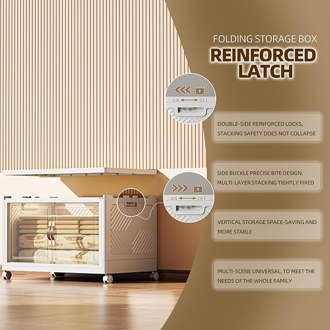 104 QT / 26 Gal Stackable Collapsible Storage Bins with Magnetic Doors & Wheels - Space-Saving Plastic Organizer Cabinet for Closet, Office, Home (White)