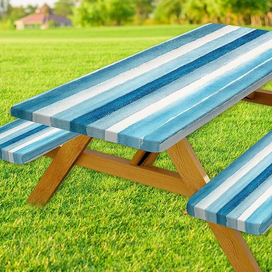 3 Pcs Picnic Table Cover with Bench Covers, 6ft Sky Blue Navy Blue Grey Stripe Elastic Edge Reusable Waterproof Table Cloth, 72x30in Fitted Picnic Tablecloth for Camping Patio Travel RV Essentials