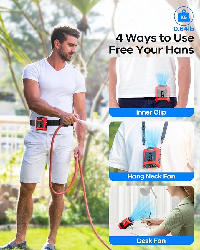 AI Portable Waist Fan Rechargeable 10000mah Belt Shirt Clip On Fan For Body Cooling That Blow Cold Air 5 Speeds Flashlight Up To 40H