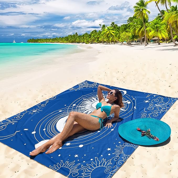 Beach Blanket Waterproof Sandproof Beach Mat 79" X 83"/10'x9'for 2-8 Adults Quick Drying Outdoor Picnic Mat Beach Accessories for Travel, Camping, Hiking