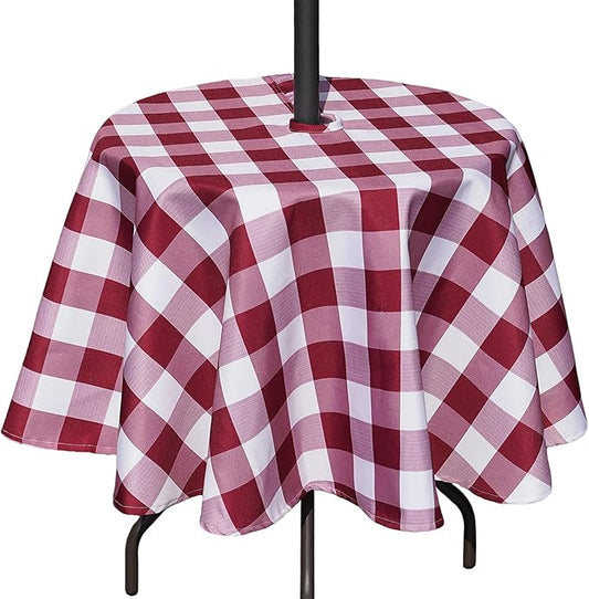 Poise3EHome 60 inches Outdoor/Indoor Waterproof Spillproof Round Tablecloth with Umbrella Hole for Camping, Picnic, Spring, Patio, Party, Burgundy Red Checkered