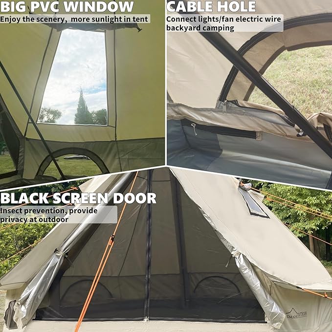 DANCHEL OUTDOOR B2I Inflatable Camping Tent 9.8ft, No Center Pole Lightweight Blow Up Bell Tent with Stove Jack, Skylight, Pump, Waterproof 300D Oxford Glamping Yurt for 1-3 Person Family