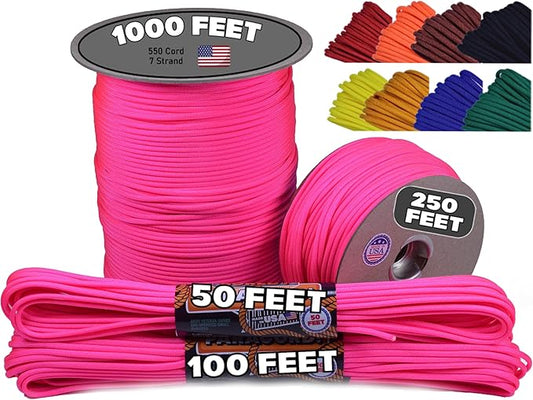 BORED? PARACORD! 550 lb Paracord - Ideal for Crafting, Camping, DIY Projects, Active & Military Outdoors - Strong Survival Rope - Tactical Parachute Cord Type III - Neon Pink 250 Feet