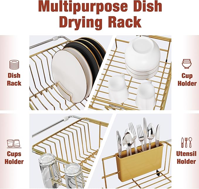 Sink Dish Drying Rack, Expandable Stainless Steel Dish Rack Over Sink, Kitchen Sink Drain Strainer with Cutlery Holder & Cup Holders, Space Saving Plates Dryer Rack, Gold