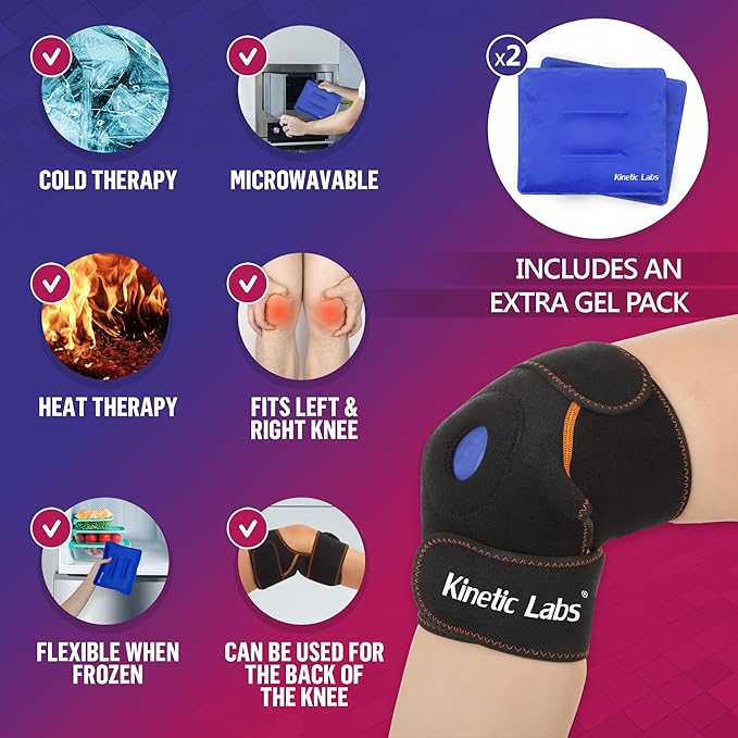 Knee Ice Wrap by Kinetic Labs – Reusable Hot & Cold Gel Pack with Extra Insert – Ice Pack for Knee Injuries, Meniscus, ACL, Tendonitis