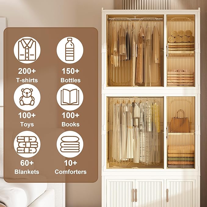 Portable Wardrobe Closet Storage Organizer, Plastic Collapsible Closet Organizer with Transparent Magnetic Door, for Bedroom Living Room,Easy Assemble,7 Cubes & 2 Hanging Rod