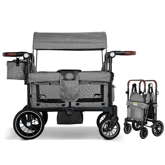 Wagon Stroller for 2 Kids, Foldable Kids Wagon Cart Featuring with Harnesses, Adjustable Double Push Handle, Removable Canopy, Snack Tray, Large Storage Bag, Gray