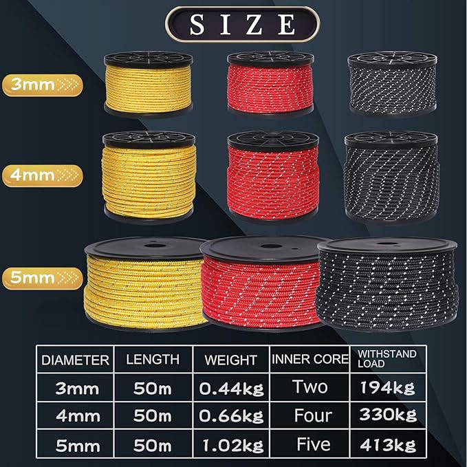 HIKEMAN 50m Reflective Guyline Solid Braid Nylon Camping Rope with Aluminum Adjuster Cord Tensioner Tent Accessory for Outdoor Travel,Hiking,Backpacking and Water Activities (Yellow, 4mm)