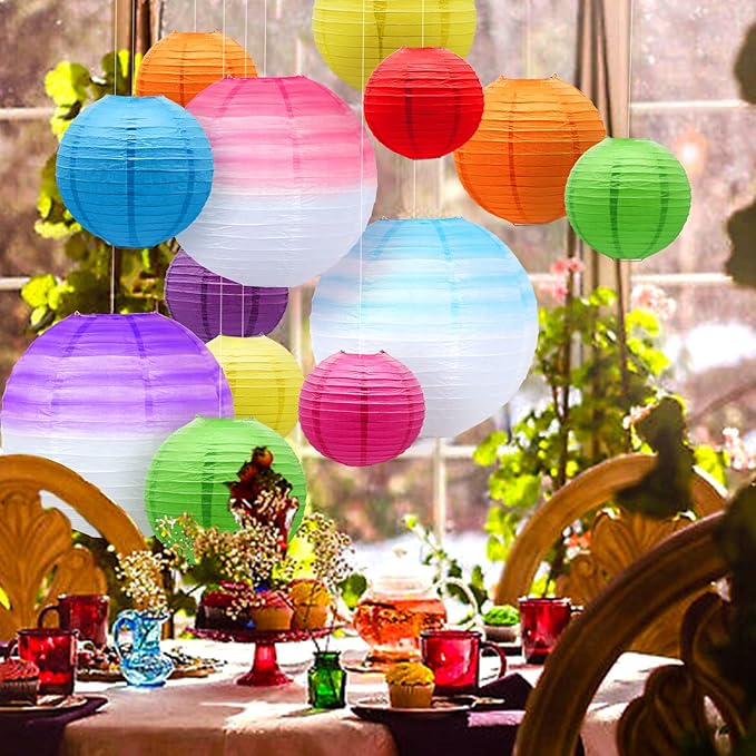 14 PCS Gradient Seven Color Round Paper Lanterns - Chinese Tissue Hanging Decorative for Indoor Room & Outdoor Party Supplies Decoration