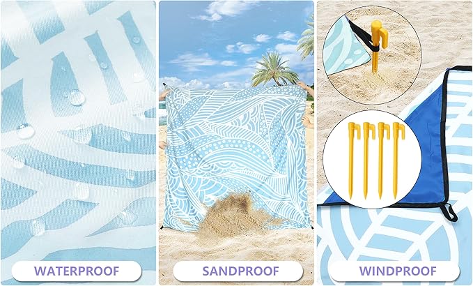 Beach Blanket Waterproof Sandproof Beach Mat 79" X 83"/10'x9'for 2-8 Adults Quick Drying Outdoor Picnic Mat Beach Accessories for Travel, Camping, Hiking