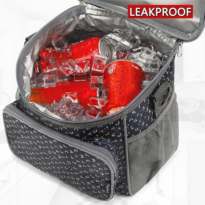 FlowFly Insulated Reusable Lunch Bag Adult Large Lunch Box for Women and Men with Adjustable Shoulder Strap,Front Zipper Pocket and Dual Large Mesh Side Pockets,Alphabet