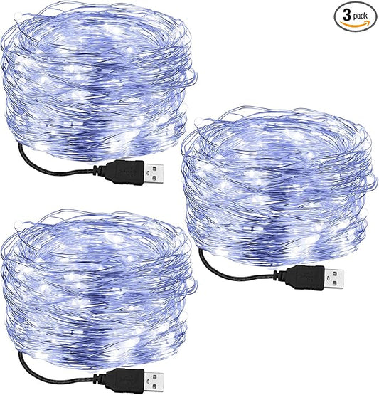 Macarrie 3 Pcs Fairy Lights USB Powered 16 ft 50 LED Lights Plug in for Xmas Indoor Outdoor Party Wedding Home Festival Tree Garden Decoration (White)